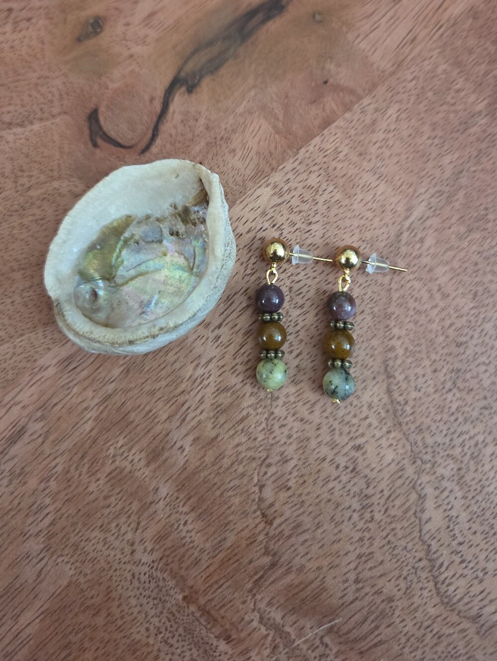 Gold Bead Drop Earrings with Green and Brown Gemstone Beads Bohemian Fairy